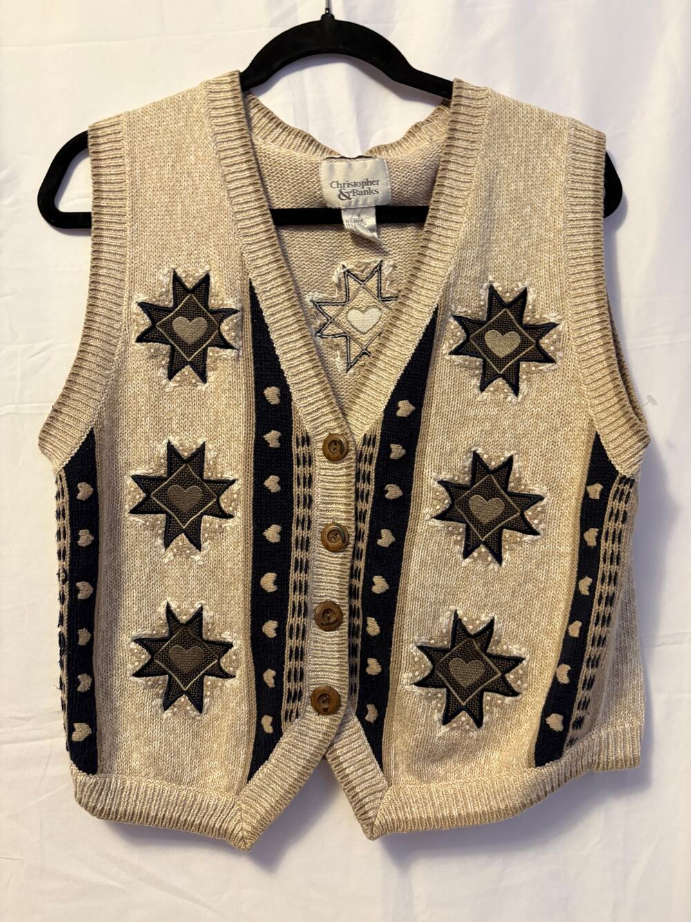 Vintage Christopher & Banks Embroidered Sweater Vest Brown Black Knit Sz S
